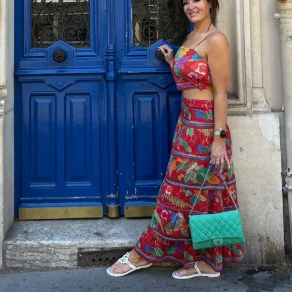 Marie Oliver Red Floral Tiered Ruffle Maxi Skirt SIZE 2 Boho Vacation Full $425 - Picture 4 of 13